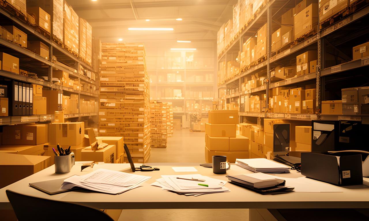 Modernes Büroartikellager in Zürich mit warmem Licht, ordentlich gestapelten Schachteln und einem Arbeitstisch im Vordergrund
