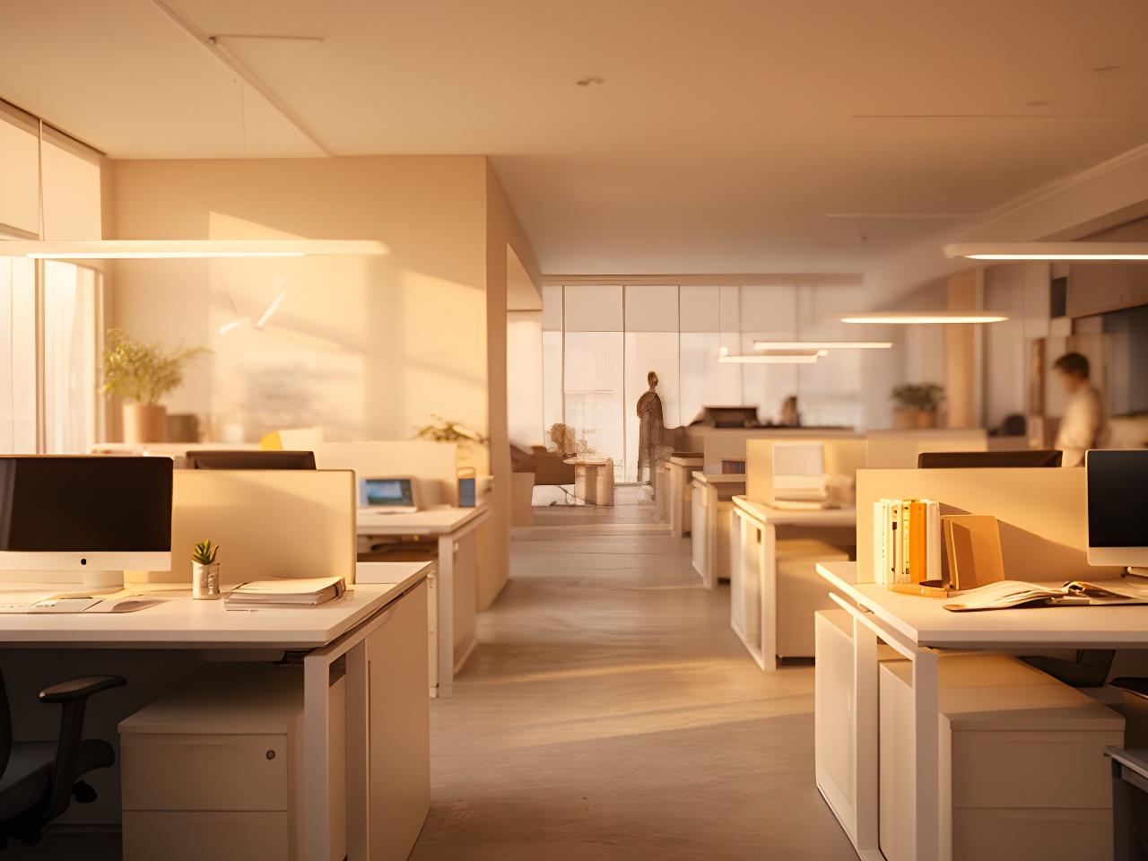 Moderne Bürofläche mit geordneten Schreibtischen, warmem Licht und inspirierenden Materialien in Zürich