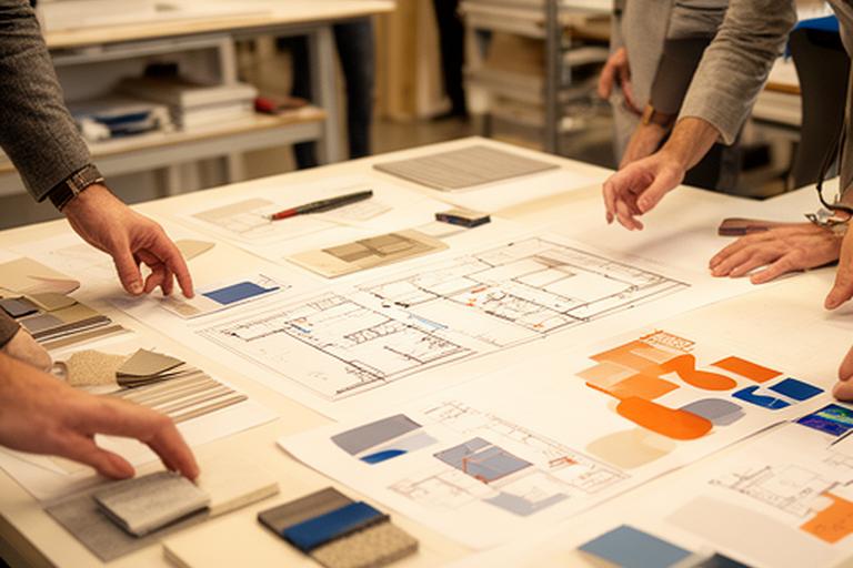 Zwei Fachpersonen besprechen Skizzen, Materialmuster und Arbeitsplatzlayout an einem grossen Planungstisch