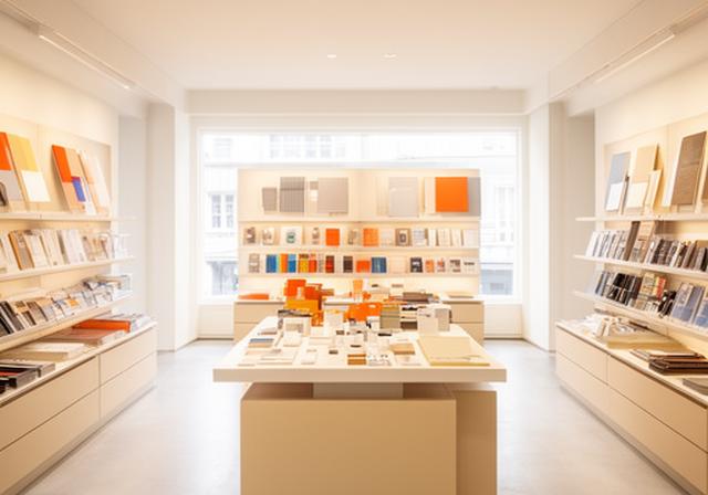 Heller Showroom mit Büroartikeln, Farben und Produktmustern, sorgfältig arrangiert für die Auswahl im Gespräch