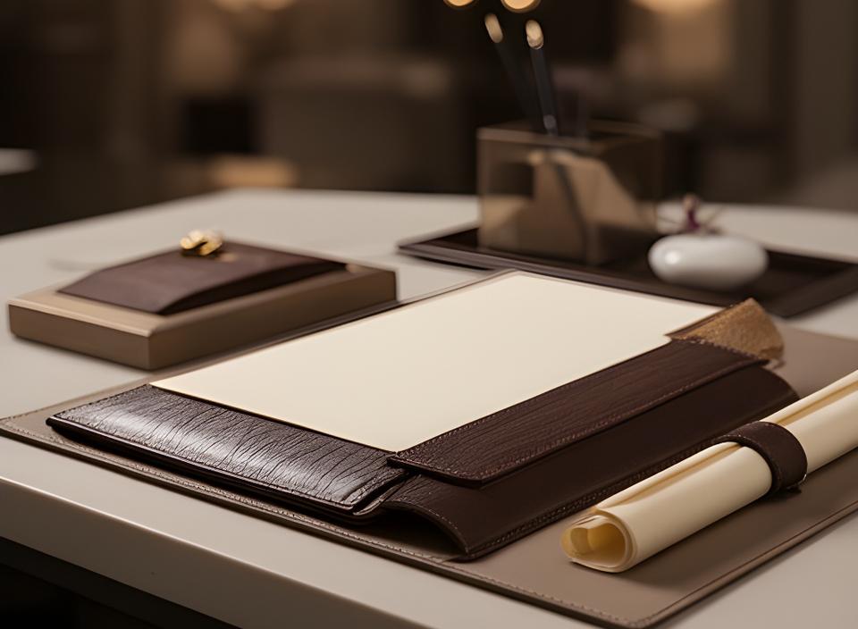 Elegante Schreibsets auf einem Hoteltisch mit Leder, Papier und feinen Accessoires im Baur au Lac